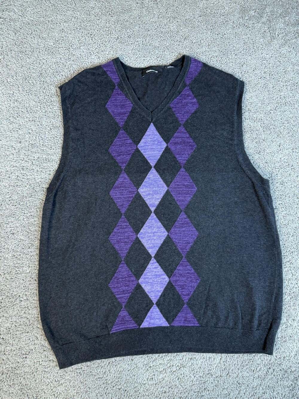Claiborne Sweater Mens XL Gray Argyle V-Neck Cotton Vest Tight-Knit Collarless
